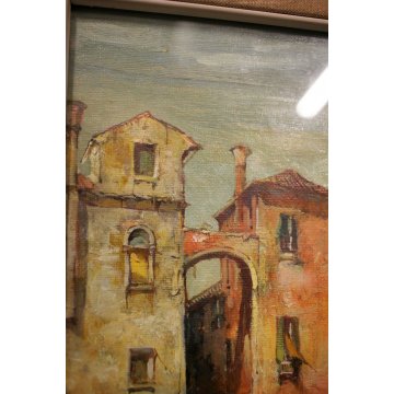 ANTICO QUADRO DIPINTO OLIO E. Zeno VEDUTA VENEZIA FIGURE CAMPO POZZO Primo '900 