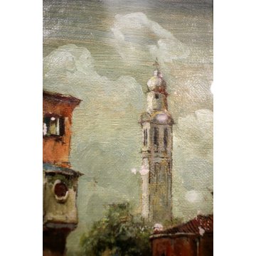 ANTICO QUADRO DIPINTO OLIO E. Zeno VEDUTA VENEZIA FIGURE CAMPO POZZO Primo '900 