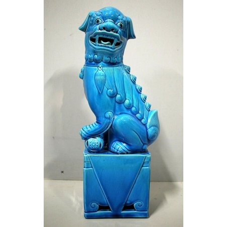 SCULTURA CERAMICA VINTAGE CANE DI FO CERAMICA AZZURRA LEONE CINESE MASCHIO '70s