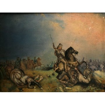 ANTICO QUADRO DIPINTO TELA OLIO BATTAGLIA Riccardo III RE INGHILTERRA Lancaster