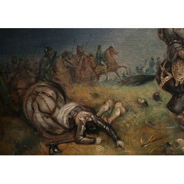 ANTICO QUADRO DIPINTO TELA OLIO BATTAGLIA Riccardo III RE INGHILTERRA Lancaster