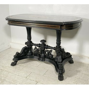 ANTICO TAVOLO BISCOTTO 1900 LEGNO MASSELLO INTARSIATO EBANIZZATO SCOLPITO TABLE 