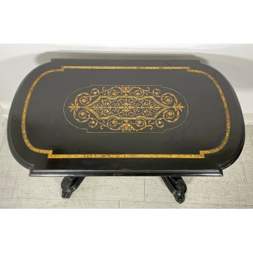 ANTICO TAVOLO BISCOTTO 1900 LEGNO MASSELLO INTARSIATO EBANIZZATO SCOLPITO TABLE 