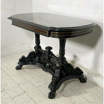 ANTICO TAVOLO BISCOTTO 1900 LEGNO MASSELLO INTARSIATO EBANIZZATO SCOLPITO TABLE 