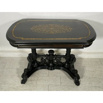 ANTICO TAVOLO BISCOTTO 1900 LEGNO MASSELLO INTARSIATO EBANIZZATO SCOLPITO TABLE 