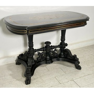 ANTICO TAVOLO BISCOTTO 1900 LEGNO MASSELLO INTARSIATO EBANIZZATO SCOLPITO TABLE 