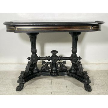 ANTICO TAVOLO BISCOTTO 1900 LEGNO MASSELLO INTARSIATO EBANIZZATO SCOLPITO TABLE 