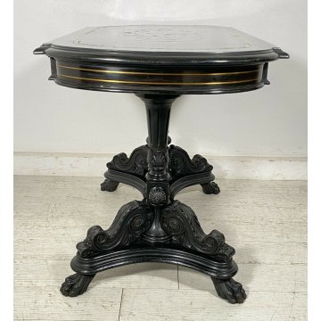 ANTICO TAVOLO BISCOTTO 1900 LEGNO MASSELLO INTARSIATO EBANIZZATO SCOLPITO TABLE 