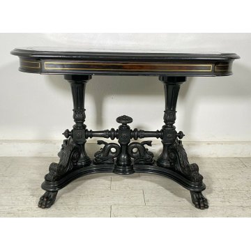 ANTICO TAVOLO BISCOTTO 1900 LEGNO MASSELLO INTARSIATO EBANIZZATO SCOLPITO TABLE 