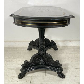 ANTICO TAVOLO BISCOTTO 1900 LEGNO MASSELLO INTARSIATO EBANIZZATO SCOLPITO TABLE 
