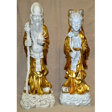 GRANDE COPPIA STATUE CINESI BUDDISTE DIO SHOULAO QUAN YIN porcellana BIANCA ORO 