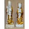 GRANDE COPPIA STATUE CINESI BUDDISTE DIO SHOULAO QUAN YIN porcellana BIANCA ORO 