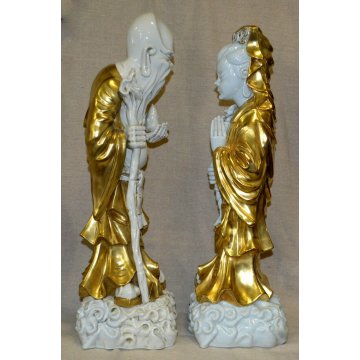 GRANDE COPPIA STATUE CINESI BUDDISTE DIO SHOULAO QUAN YIN porcellana BIANCA ORO 