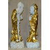 GRANDE COPPIA STATUE CINESI BUDDISTE DIO SHOULAO QUAN YIN porcellana BIANCA ORO 