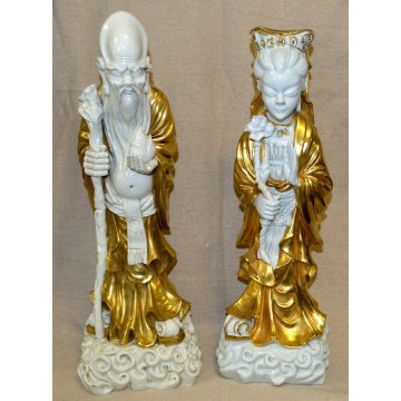 GRANDE COPPIA STATUE CINESI BUDDISTE DIO SHOULAO QUAN YIN porcellana BIANCA ORO 