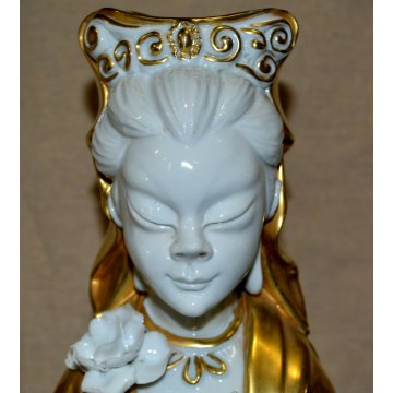 GRANDE COPPIA STATUE CINESI BUDDISTE DIO SHOULAO QUAN YIN porcellana BIANCA ORO 