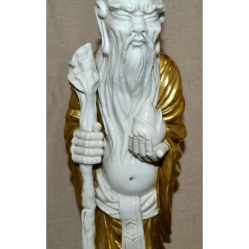 GRANDE COPPIA STATUE CINESI BUDDISTE DIO SHOULAO QUAN YIN porcellana BIANCA ORO 