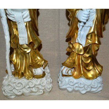 GRANDE COPPIA STATUE CINESI BUDDISTE DIO SHOULAO QUAN YIN porcellana BIANCA ORO 