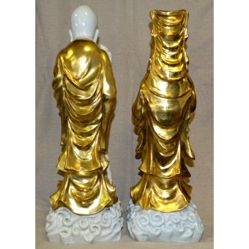 GRANDE COPPIA STATUE CINESI BUDDISTE DIO SHOULAO QUAN YIN porcellana BIANCA ORO 