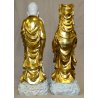 GRANDE COPPIA STATUE CINESI BUDDISTE DIO SHOULAO QUAN YIN porcellana BIANCA ORO 