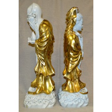 GRANDE COPPIA STATUE CINESI BUDDISTE DIO SHOULAO QUAN YIN porcellana BIANCA ORO 