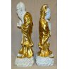 GRANDE COPPIA STATUE CINESI BUDDISTE DIO SHOULAO QUAN YIN porcellana BIANCA ORO 