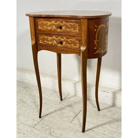 ANTICO COMODINO FAGIOLO LEGNO INTARSIATO DUE CASSETTI EPOCA META 1900 