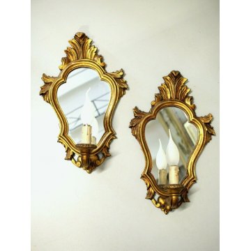 ANTICA COPPIA  APPLIQUE 1LUME CORNICE LEGNO DORATO SPECCHIO DECORO FOGLIE ACANTO
