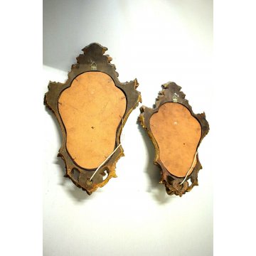 ANTICA COPPIA  APPLIQUE 1LUME CORNICE LEGNO DORATO SPECCHIO DECORO FOGLIE ACANTO
