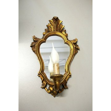 ANTICA COPPIA  APPLIQUE 1LUME CORNICE LEGNO DORATO SPECCHIO DECORO FOGLIE ACANTO