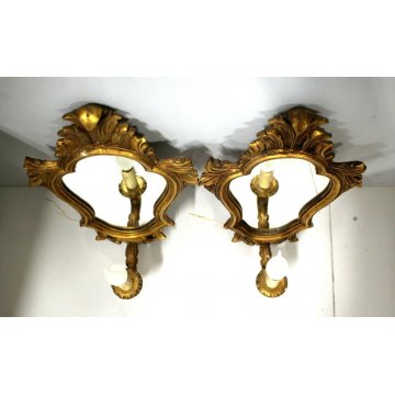 ANTICA COPPIA  APPLIQUE 1LUME CORNICE LEGNO DORATO SPECCHIO DECORO FOGLIE ACANTO