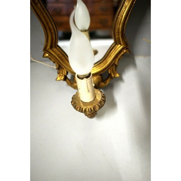 ANTICA COPPIA  APPLIQUE 1LUME CORNICE LEGNO DORATO SPECCHIO DECORO FOGLIE ACANTO