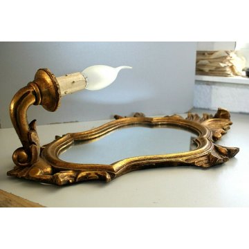 ANTICA COPPIA  APPLIQUE 1LUME CORNICE LEGNO DORATO SPECCHIO DECORO FOGLIE ACANTO