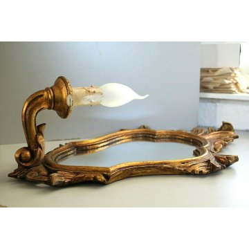 ANTICA COPPIA  APPLIQUE 1LUME CORNICE LEGNO DORATO SPECCHIO DECORO FOGLIE ACANTO
