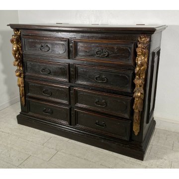 ANTICO COMÒ CANTERANO DECORATO ORO LEGNO NOCE 5 CASSETTI 1700 MOBILE CASSETTONE 