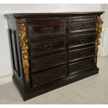 ANTICO COMÒ CANTERANO DECORATO ORO LEGNO NOCE 5 CASSETTI 1700 MOBILE CASSETTONE 