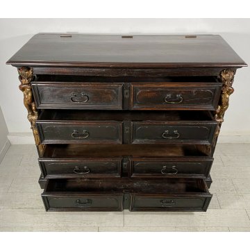 ANTICO COMÒ CANTERANO DECORATO ORO LEGNO NOCE 5 CASSETTI 1700 MOBILE CASSETTONE 