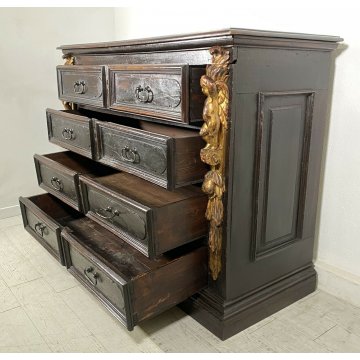 ANTICO COMÒ CANTERANO DECORATO ORO LEGNO NOCE 5 CASSETTI 1700 MOBILE CASSETTONE 