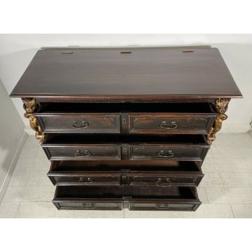ANTICO COMÒ CANTERANO DECORATO ORO LEGNO NOCE 5 CASSETTI 1700 MOBILE CASSETTONE 