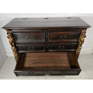 ANTICO COMÒ CANTERANO DECORATO ORO LEGNO NOCE 5 CASSETTI 1700 MOBILE CASSETTONE 