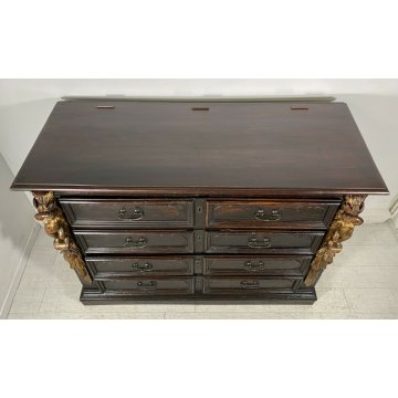 ANTICO COMÒ CANTERANO DECORATO ORO LEGNO NOCE 5 CASSETTI 1700 MOBILE CASSETTONE 