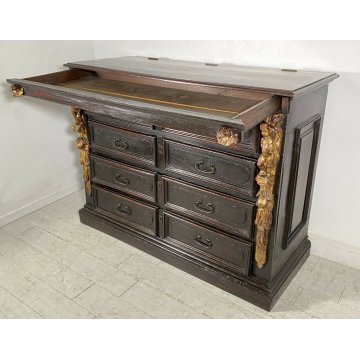 ANTICO COMÒ CANTERANO DECORATO ORO LEGNO NOCE 5 CASSETTI 1700 MOBILE CASSETTONE 