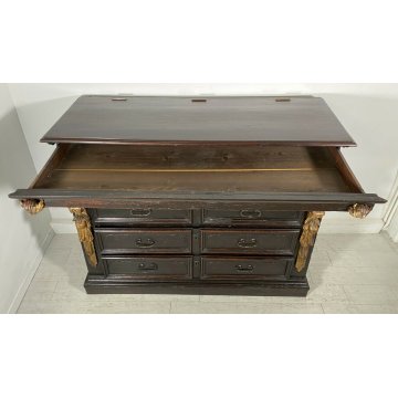 ANTICO COMÒ CANTERANO DECORATO ORO LEGNO NOCE 5 CASSETTI 1700 MOBILE CASSETTONE 