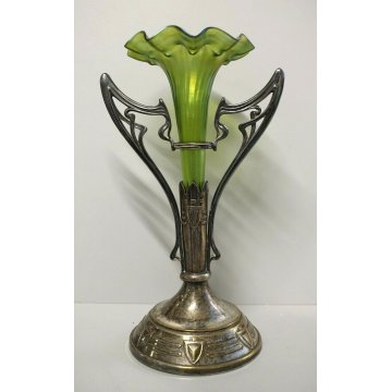 ANTICO VASO VETRO Bhoemia VERDE IRIDESCENTE OTTONE ARGENTATO ART NOUVEAU LIBERTY
