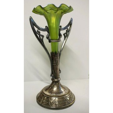 ANTICO VASO VETRO Bhoemia VERDE IRIDESCENTE OTTONE ARGENTATO ART NOUVEAU LIBERTY