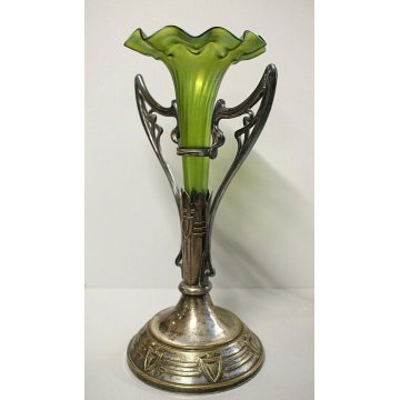 ANTICO VASO VETRO Bhoemia VERDE IRIDESCENTE OTTONE ARGENTATO ART NOUVEAU LIBERTY