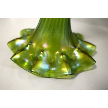 ANTICO VASO VETRO Bhoemia VERDE IRIDESCENTE OTTONE ARGENTATO ART NOUVEAU LIBERTY