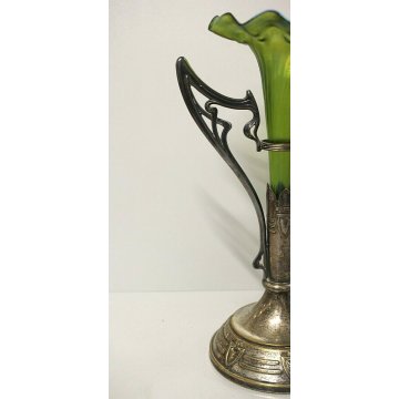 ANTICO VASO VETRO Bhoemia VERDE IRIDESCENTE OTTONE ARGENTATO ART NOUVEAU LIBERTY