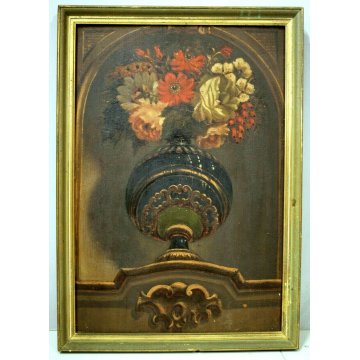 ANTICO DIPINTO OLIO TAVOLA COPPA BOUQUET VASO FIORI TROMPE L'OEIL NATURA MORTA 