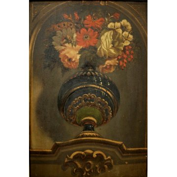 ANTICO DIPINTO OLIO TAVOLA COPPA BOUQUET VASO FIORI TROMPE L'OEIL NATURA MORTA 